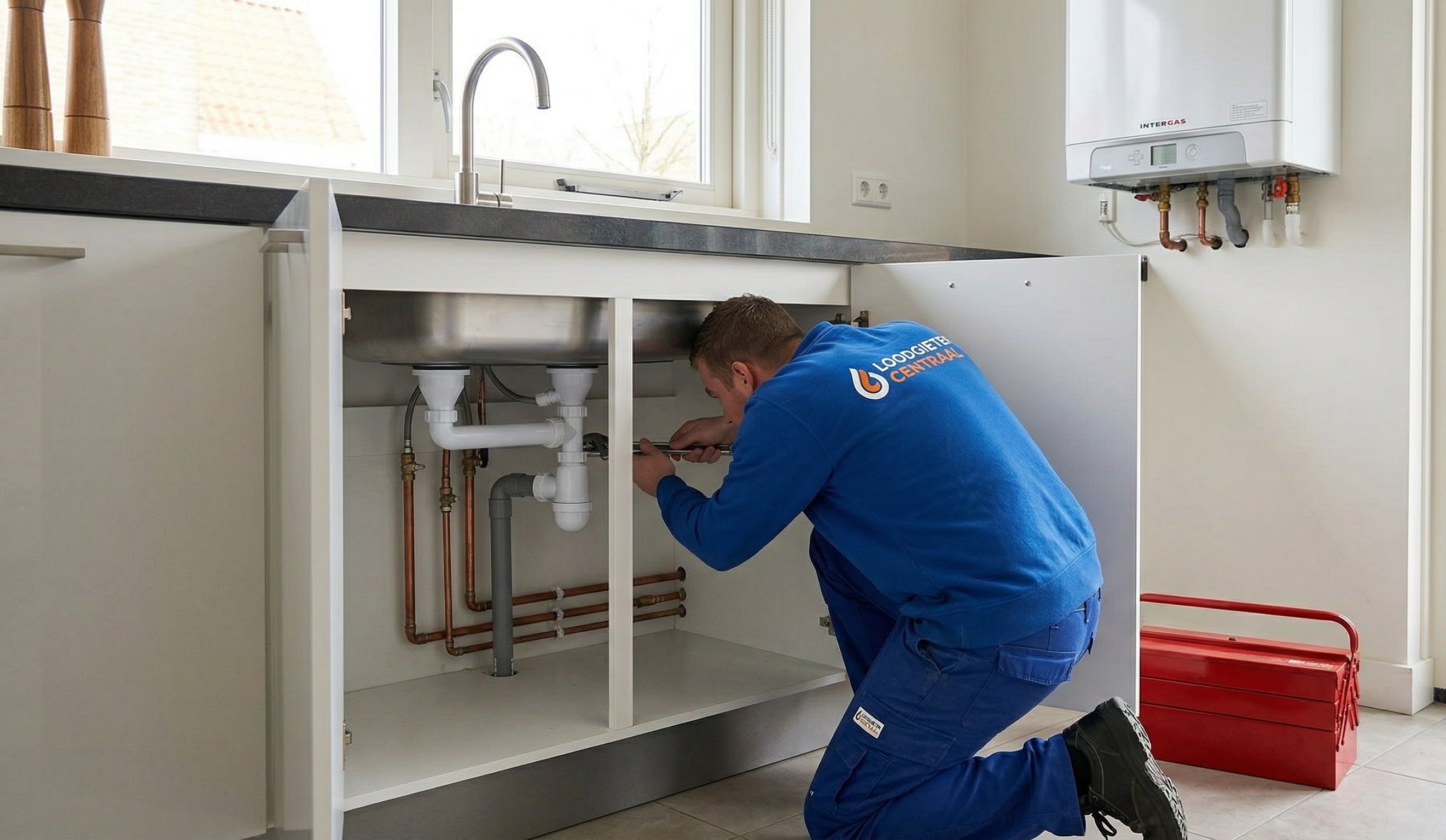 LoodgieterCentraal monteur repareert afvoer onder keukenblok